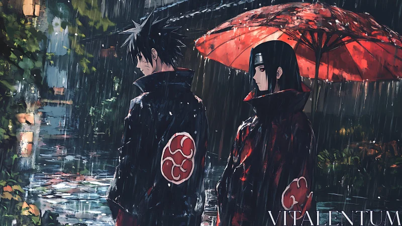 Crimson cloaks stride through rain-soaked ninja twilight.