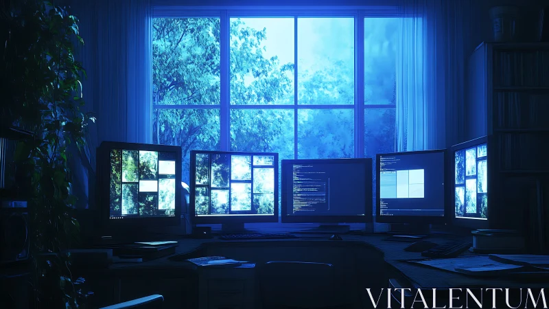 Programmer workstation glows under blue dusk window light