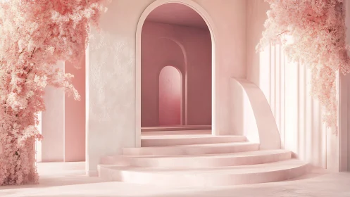 Ethereal Pink Corridor with Archway and Cascading Floral Elements