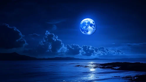 Lunar-lit ocean horizon with monochromatic cobalt spectral glow.