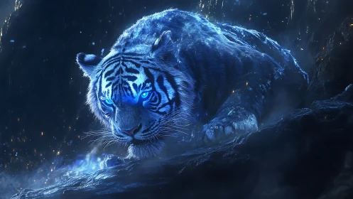 Blue spectral tiger stalking across a dark rocky ledge.