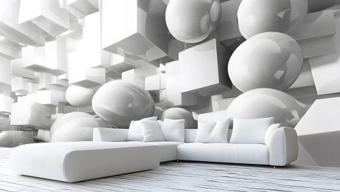 White living room with abstract 3D geometric wall installation.