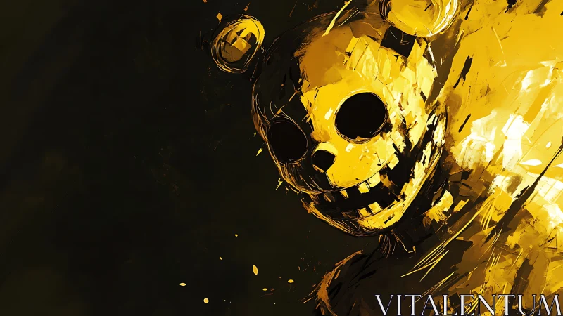 Grinning golden monster lunges from chaotic painted shadows