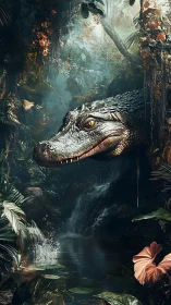 Crocodilian head above shaded jungle pool with waterfall.