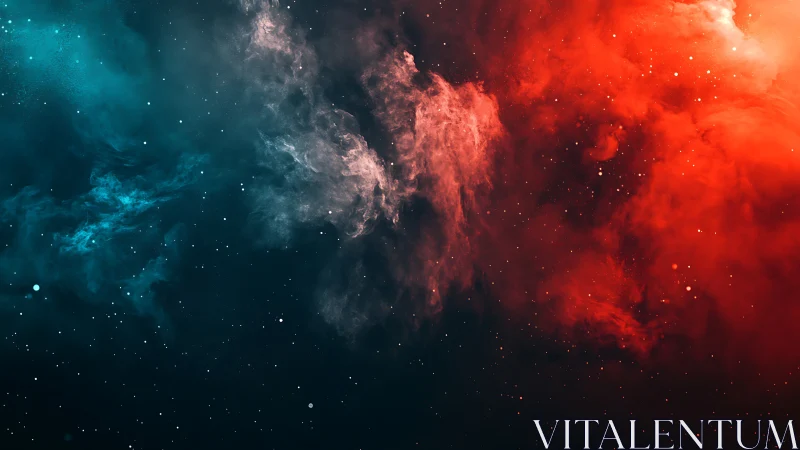 Bilateral red and teal nebula cloud with scattered star field.