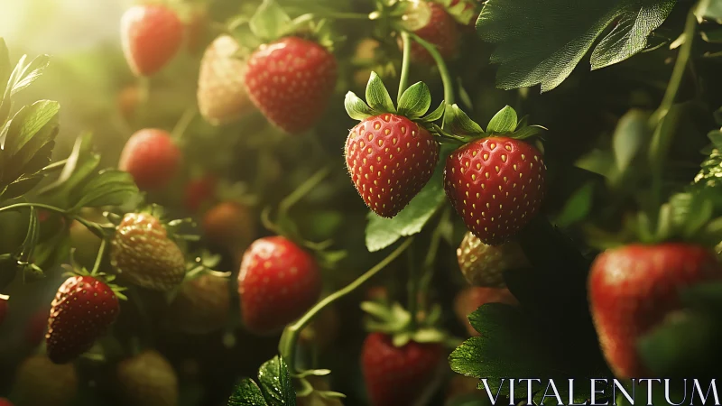Ripening strawberries on plants under soft directional light.