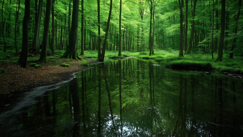 Serene green forest with reflective pond in soft natural light.