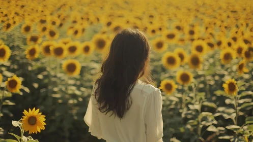 Woman in White Dress Surrounded by Sunflowers, Dreamy Summer Style.