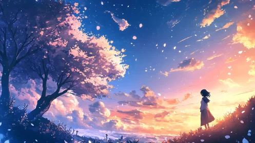 Twilight petals drift while a quiet dreamer studies the sky