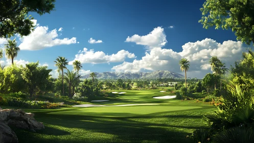 Sunlit tropical golf fairway welcomes a peaceful morning round