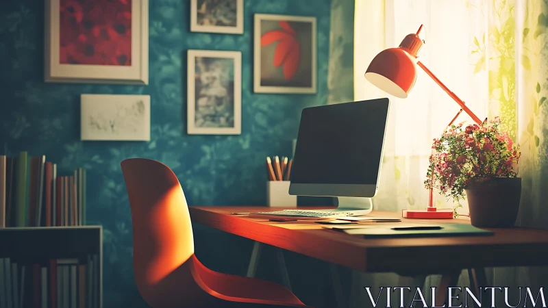 Warm daylight home office desk with monitor, lamp, and plant