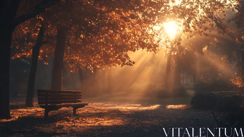 Sunlit park bench under glowing autumn canopy at dawn.