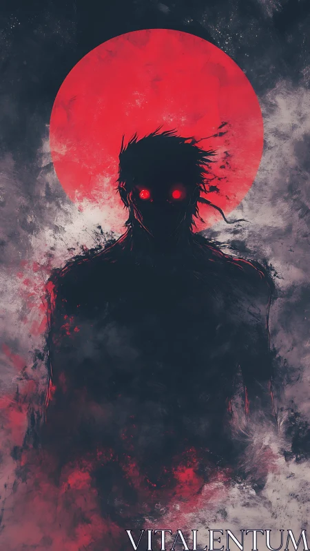 Shadowed figure stands before a blood-red, apocalyptic moon
