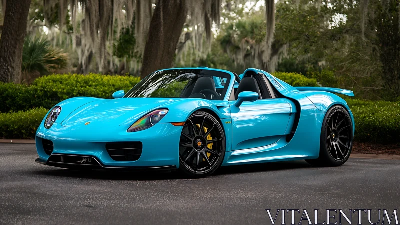 Turquoise Porsche roadster parked on wet asphalt in greenery