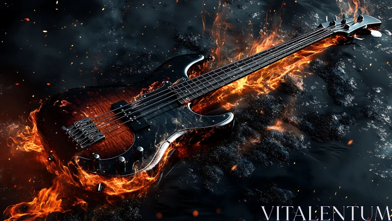 Electric bass guitar surrounded by stylized flames in darkness.