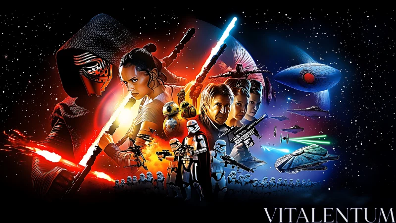 Dual-spectrum galactic battle montage with opposing sabers.