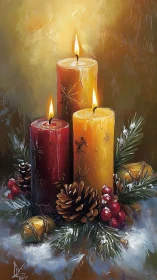 Christmas candles glow amid pinecones and winter berries.