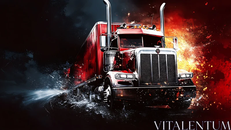 High-gloss red semi truck rendered with dynamic motion effects