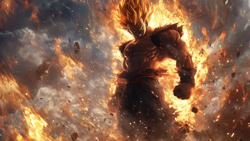 Dynamic anime warrior engulfed in explosive flame aura composition.