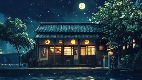 Moonlit riverside Japanese teahouse with lantern-lit fa&ccedil;ade
