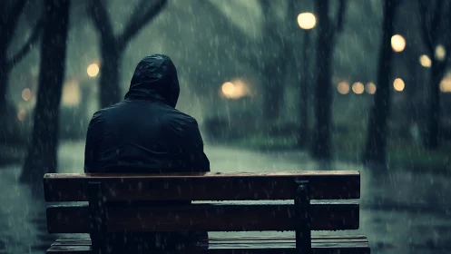 Solitary hooded figure on bench in rainy night urban park