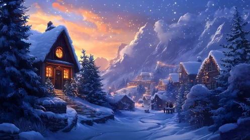 Snowy alpine village glows under a starlit winter sky.