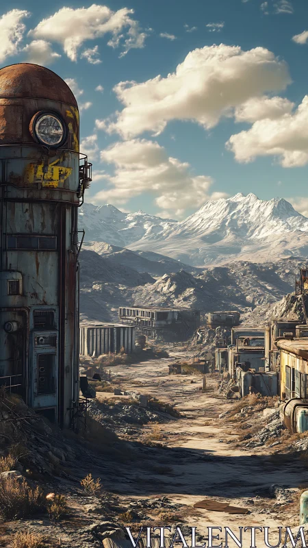 Deserted industrial road extends toward distant snowy mountains