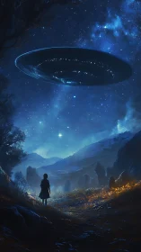 Child observes hovering UFO under star-saturated nocturnal sky