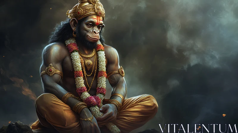 Serene monkey deity in golden robes and drifting incense clouds.