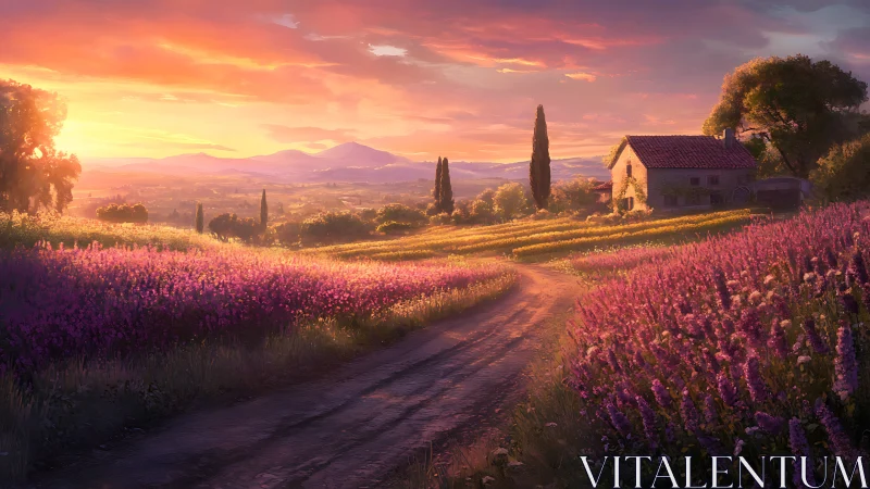 Sunlit lavender path winds toward a tranquil countryside home