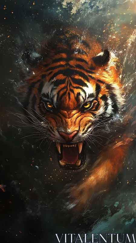 Storm-scorched tiger erupts from shadowed waters in fury.