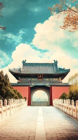 Imperial Chinese gate under luminous teal sky perspective.