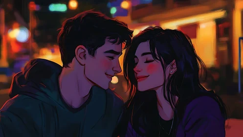 Urban Nighttime Romance Between Two Young Adults