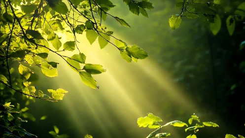 Sunlight streaming through green forest leaves, nature photography.