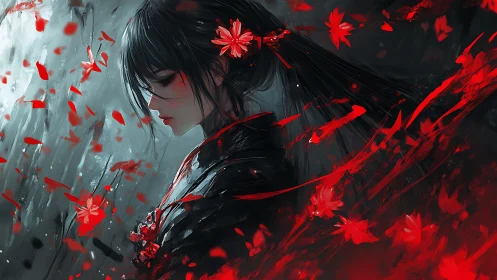 Side-profile samurai portrait uses red-black palette and dynamic petals
