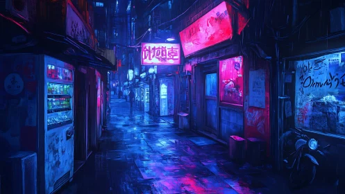 Neon alleyway hums under rain slick cyberpunk midnight glow.