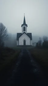 Isolated white chapel emerging through dense rural fog at dawn.
