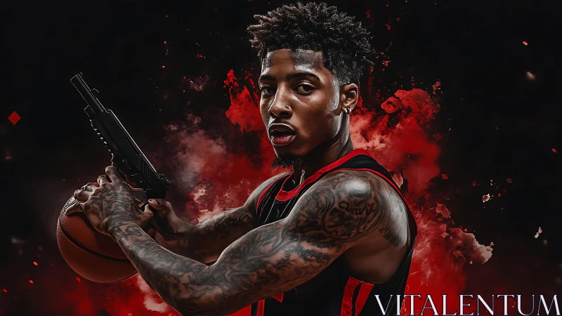 Tattooed basketball guard with weapon in red smoke backdrop