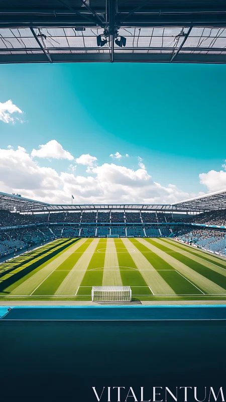 Modern football stadium under clear turquoise sky.