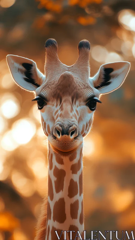 Photorealistic giraffe portrait with warm bokeh background.