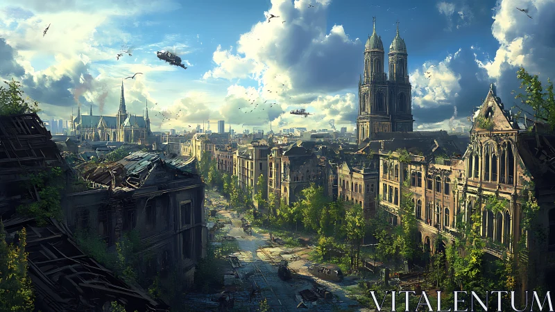 Post-apocalyptic boulevard shows neo-gothic ruins and aerial craft