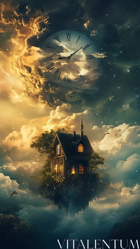 Floating sky cottage under celestial clock of shifting light.