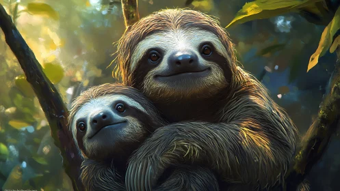 Digital rendering of two sloths hugging on sunlit rainforest branch