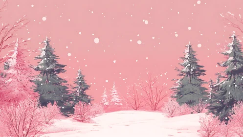 Gentle pink winter forest opens into a softly glowing snowfall