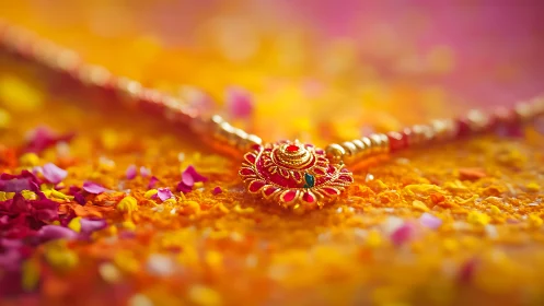 Red ornamental pendant sits on scattered flower petals and golden chain.