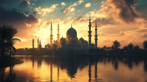 Sunlit mosque skyline mirrored on tranquil golden water.