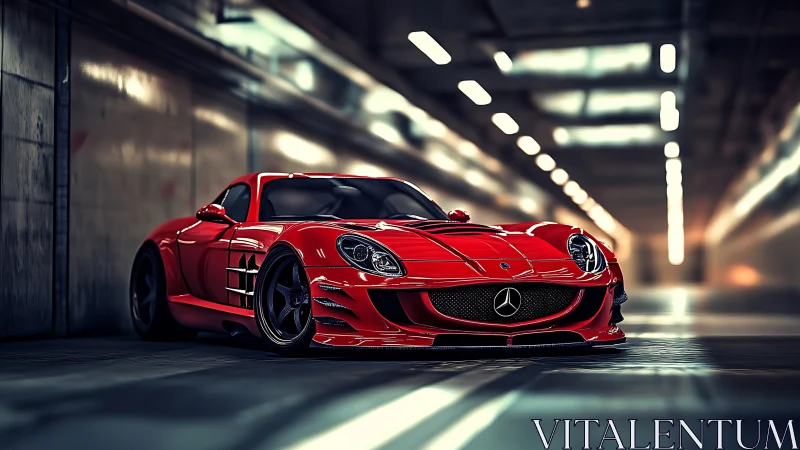 Red Mercedes style sports car in glossy underground garage.