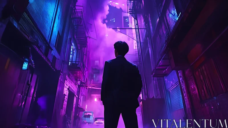 Silhouetted figure in neon fog within narrow cyber alleyway.