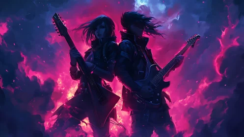 Electric guitar duo glowing in neon storm of pink and blue.