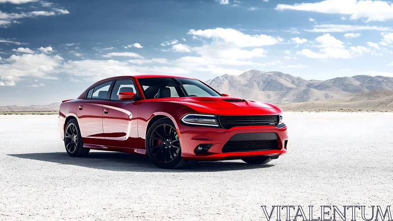 Red performance sedan parked on dry lake desert landscape.